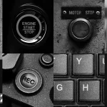 Black and white grid of eight buttons: a doorbell, an engine start button, a motor stop button, a crosswalk button, a red power button, a camera record button, keyboard keys and an elevator button.