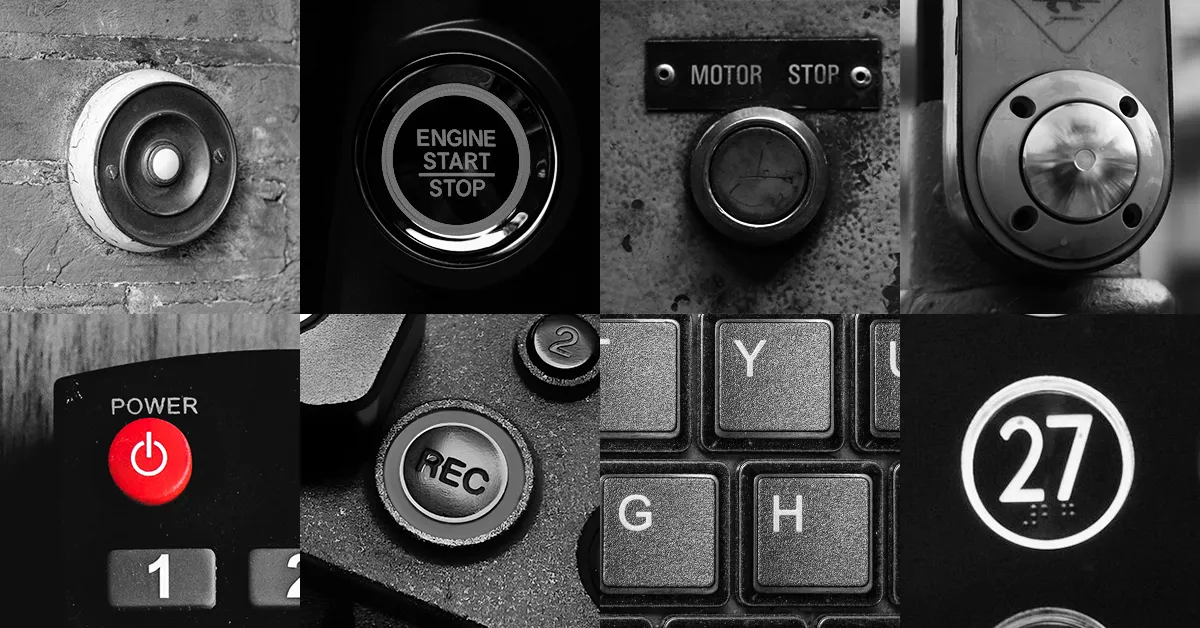 Black and white grid of eight buttons: a doorbell, an engine start button, a motor stop button, a crosswalk button, a red power button, a camera record button, keyboard keys and an elevator button.